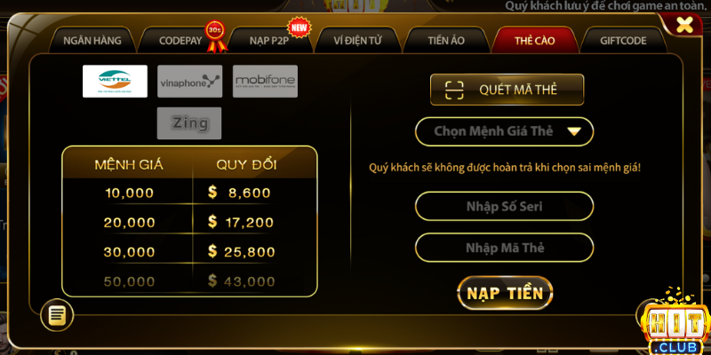 Hướng dẫn nạp tiền Hitclub qua thẻ cào 