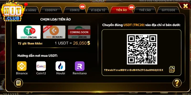 Hướng dẫn nạp tiền Hitclub qua tiền ảo 